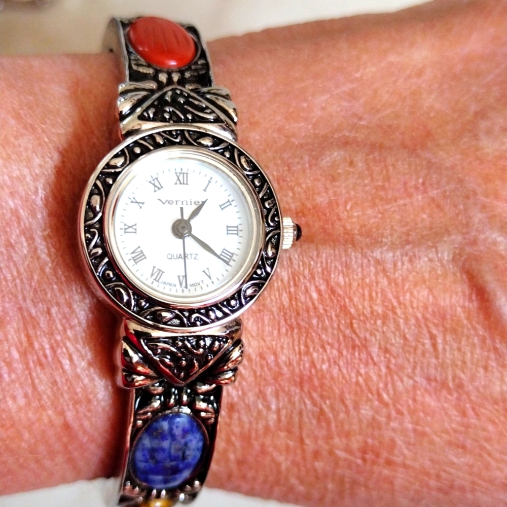 Vernier, by 7 QUest silver and turquoise bracelet style watch.